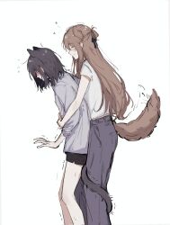  2girls animal_ears black_hair black_shorts braid brown_hair cat_ears cat_girl cat_tail closed_eyes closed_mouth commentary dog_ears dog_girl dog_tail grey_pants grey_shirt half_up_braid heart highres hug hug_from_behind kemonomimi_mode long_hair medium_hair miyagi_shiori multiple_girls pants sendai_hazuki shirt shorts shuuniichido_classmate_wo_kau_hanashi simple_background sora_owomiya tail tail_wagging white_background white_shirt yuri 