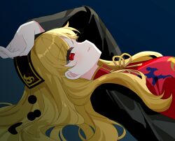  1girl black_dress black_hat blonde_hair blush chimi_(s2yuyukos2) chinese_clothes commentary dalachi_(headdress) dress hat highres junko_(touhou) long_hair long_sleeves looking_at_viewer lying neck_ribbon on_back open_mouth red_eyes red_tabard ribbon smile solo tabard touhou yellow_ribbon 