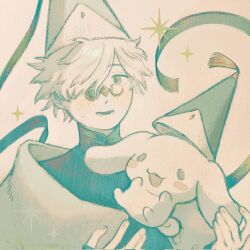 2boys arms_up black_shirt blush_stickers cape cinnamoroll commentary crossover fuwa_fuwa_cinnamoroll grey_cape hair_over_one_eye hat highres limited_palette male_focus multiple_boys one_eye_covered open_mouth parted_bangs ppaipopi qifrey_(tongari_boushi_no_atelier) sanrio shirt short_hair smile sparkle tongari_boushi_no_atelier upper_body 