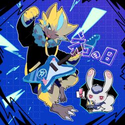  ! 1girl 1other :d :o black_border black_coat black_fur blue_background blue_eyes blue_fur body_fur border coat colored_sclera commentary_request electricity fang fangs full_body fur_collar furry guitar highres holding holding_guitar holding_instrument instrument looking_at_viewer meowstic meowstic_(female) mnstrooone multicolored_fur one_eye_closed open_mouth pokemon pokemon_(creature) red_eyes simple_background smile solo_focus standing two-tone_fur whiskers white_fur yellow_fur yellow_sclera zeraora zipper_pull_tab 