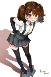  1girl arm_warmers asashio_(kancolle) asashio_(kancolle)_(cosplay) black_thighhighs blush breasts brown_eyes brown_hair collared_shirt commentary_request cosplay eckert&amp;eich grey_skirt highres kantai_collection long_hair magatama miniskirt pleated_skirt ryuujou_(kancolle) school_uniform shirt short_sleeves skirt small_breasts solo suspender_skirt suspenders thigh-highs twintails white_shirt 