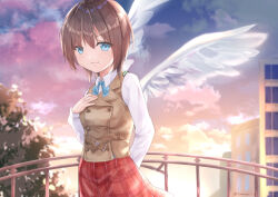  1girl absurdres angel_wings aoi_erika blue_bow blue_bowtie blue_eyes bow bowtie brown_hair building grey_vest hand_on_own_chest heaven_burns_red highres looking_at_viewer railing red_skirt shirt short_hair skirt tsumugi-t vest white_shirt wings 
