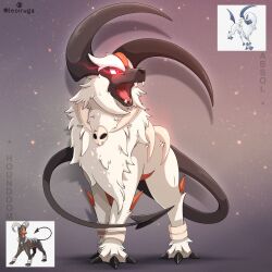  absol animal_focus artist_name black_horns character_name claws commentary commission demon_tail english_commentary fangs fluffy full_body fusion glowing glowing_eyes grey_background highres horns houndoom leoiruga looking_to_the_side no_humans official_art_inset open_mouth pokemon pokemon_(creature) pokemon_focus red_eyes reference_inset simple_background skull solo standing tail white_fur 
