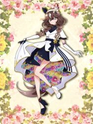  1girl absurdres animal_ears asymmetrical_footwear asymmetrical_gloves black_gloves black_shoes black_sweater blush braid braided_sidelocks breasts brown_hair closed_mouth commentary_request curren_bouquetd'or_(racing)_(umamusume) curren_bouquetd'or_(umamusume) dress ear_covers elbow_gloves floral_print gloves grey_eyes hair_between_eyes hairband highres holding_own_dress horse_ears horse_girl horse_tail long_braid long_hair looking_at_viewer low_twin_braids mismatched_ear_covers mismatched_gloves multicolored_hair nk-43g shoes sidelocks smile solo streaked_hair sweater tail twin_braids umamusume white_dress white_gloves white_shoes white_streaks 