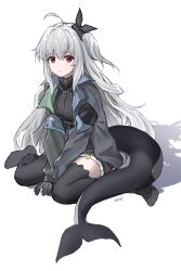  1girl absurdres ahoge albino arms_between_legs black_sweater black_thighhighs check_copyright closed_mouth copyright_request expressionless fins fish_tail full_body grey_jacket hair_intakes highres jacket jewelry looking_at_viewer necklace nori6272210 one_side_up open_clothes open_jacket original red_eyes shark_tail simple_background sitting solo sweater tail thigh-highs turtleneck turtleneck_sweater v_arms wariza white_background white_hair 