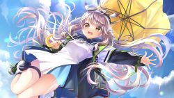  >:) 1girl anemoi backlighting black_jacket blue_dress blue_sky blush breasts brown_hair clouds day dress dutch_angle eyelashes fingernails floating_hair foot_out_of_frame from_below fusaba_aino game_asset goggles goggles_on_head hair_between_eyes highres holding holding_umbrella jacket kimishima_ao knees_together_feet_apart long_hair long_sleeves looking_at_viewer non-web_source official_art open_clothes open_jacket open_mouth outdoors outstretched_arm outstretched_hand self-datamine short_dress sidelocks sky small_breasts smile solo sunlight thighs two-tone_dress umbrella under_umbrella upskirt v-shaped_eyebrows variant_set very_long_hair white_dress yellow_umbrella zipper 