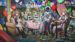  4girls angelina_(arknights) animal_ears arknights arknights:_endfield balloon brown_hair coat copyright_logo copyright_notice elf eyjafjalla_(arknights) eyjafjalla_the_hvit_aska_(arknights) fox_ears fox_girl hair_ornament hairband highres horns indoors kieed logo long_hair looking_at_viewer muelsyse_(arknights) multicolored_hairband multiple_girls official_alternate_costume official_art open_clothes open_coat pink_eyes pointy_ears red_eyes red_hairband sheep_ears sheep_girl sheep_horns striped_clothes striped_hairband twintails two-tone_hairband white_coat yellow_eyes 