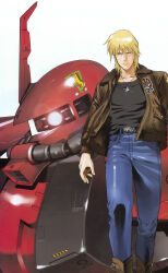  artist_request belt blonde_hair cable denim gundam jacket jeans johnny_ridden magazine_scan mecha military_jacket military_rank_insignia mobile_suit msv-r:_the_return_of_johnny_ridden mullet official_art pants promotional_art radio_antenna robot roundel scan science_fiction third-party_source traditional_media unicorn walking_towards_viewer white_background zaku_ii zaku_ii_hmt_johnny_ridden_custom zeon 