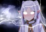  1girl capelet closed_mouth clouds earrings frieren glowing glowing_eyes highres jewelry lightning mark1019 meme solo sousou_no_frieren thick_eyebrows white_capelet you_should_kill_yourself_now_(meme) 