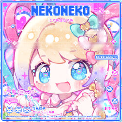  1girl :d bai_gui_hua_zi blonde_hair blue_bow blue_eyes blue_hair bow chouzetsusaikawa_tenshi-chan commission deformed food hair_bow highres holding holding_pastry_bag long_hair looking_at_viewer mihuashi_commission multicolored_hair needy_girl_overdose open_mouth pancake pastry_bag pink_bow pink_hair portrait purple_bow purple_hair quad_tails shirt smile solo too_many_watermarks watermark yume_kawaii 