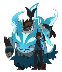  1boy backwards_hat baseball_cap blue_fire blue_jacket emboar fire hat highres hilbert_(pokemon) jacket mega_emboar poke_ball_print pokemon pokemon_(creature) pokemon_black_and_white pokemon_legends:_z-a psaber97 zipper_pull_tab 