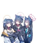  3girls animal_ear_fluff animal_ears arm_hug bare_shoulders black_choker black_hair blue_archive blush breasts cat_ears choker closed_mouth dog_ears dog_girl halo hibiki_(blue_archive) highres holding_another&#039;s_arm hood jacket kazusa_(blue_archive) long_sleeves multiple_girls off_shoulder open_clothes open_jacket open_mouth red_eyes serika_(blue_archive) simple_background smile sumutemu white_background 