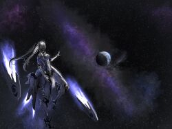  1girl absurdres black_hair breasts commentary cyborg drone earth_(planet) english_commentary facing_to_the_side floating floating_hair full_body gradient_hair grey_hair hair_ornament headgear high-heeled_mechanical_legs highres joints large_breasts long_hair mecha_musume mechanical_arms mechanical_legs multicolored_hair planet punishing:_gray_raven robot_joints rosetta:_arete_(pgr) rosetta_(pgr) saif_artz see-through_body sidelocks sky solo space star_(sky) starry_sky thrusters two-tone_hair zero_gravity 