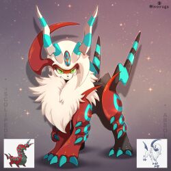  :< absol alternate_color animal_focus antennae artist_name character_name claws commission fluffy full_body fusion green_eyes grey_background highres horns leoiruga looking_at_viewer mane no_humans official_art_inset pokemon pokemon_(creature) pokemon_focus reference_inset scolipede shiny_pokemon simple_background single_horn solo standing white_fur 