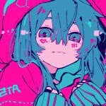  1girl 2sbd0 absurdres blue_eyes blue_hair choker close-up eyebrows_hidden_by_hair hair_between_eyes hatsune_miku heart high_contrast highres hood hoodie jacket limited_palette looking_at_viewer number_tattoo pink_jacket sleeves_past_wrists solo tattoo vocaloid 