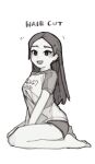  1girl :d arm_between_legs barefoot blush english_text from_side full_body greyscale hair_ornament hairclip long_hair looking_at_viewer mizuki_hamasaki monochrome no_shoes shirt shorts sitting smile solo white_background world_of_horror xqxbi 