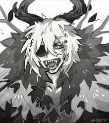  1boy branch commentary dimitri_alexandre_blaiddyd dimitri_alexandre_blaiddyd_(timeskip) double-parted_bangs elelror english_commentary eyepatch fangs fire_emblem fire_emblem:_three_houses greyscale hair_between_eyes highres horns leaf leaf_in_hair male_focus medium_hair messy_hair monochrome monster_boy monsterification one_eye_covered portrait sharp_teeth solo teeth twitter_username white_background 