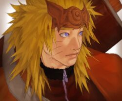  1boy blonde_hair facial_mark flak_jacket forehead_protector highres jacket naruto_(series) oliver_jin_wang orange_jacket scroll_tube spiky_hair uzumaki_naruto uzumaki_symbol whisker_markings 