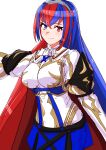 1girl absurdres alear_(female)_(fire_emblem) alear_(fire_emblem) blue_eyes blue_hair closed_mouth fire_emblem fire_emblem_engage hair_between_eyes heterochromia highres light_smile long_hair long_sleeves multicolored_hair red_eyes redhead ribbon skirt solo split-color_hair tiara to_(tototo_tk) two-tone_hair very_long_hair white_background 