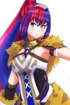  1girl absurdres alear_(female)_(fire_emblem) alear_(fire_emblem) blue_eyes blue_hair closed_mouth detached_sleeves fire_emblem fire_emblem_engage fur_trim hair_between_eyes heterochromia highres light_smile long_hair looking_at_viewer multicolored_hair official_alternate_costume red_eyes redhead solo split-color_hair tiara to_(tototo_tk) two-tone_hair white_background 