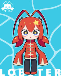  1girl absurdres chibi crustacean highres lobster monokurocat1211 personification pincers red_hair sleeves_past_fingers sleeves_past_wrists star_(symbol) twintails water 
