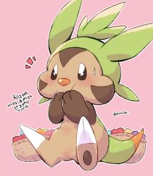  artist_name berry_(pokemon) blush chespin commentary_request food food_in_mouth fruit fruit_basket no_humans pink_background pokemon pokemon_(creature) pyon_ko solo 