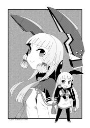  1girl arm_warmers blunt_bangs blunt_tresses commentary_request crossed_arms dress floating_headgear full_body greyscale hair_ribbon headgear highres izumi_masashi kantai_collection monochrome multiple_views murakumo_(kancolle) murakumo_kai_ni_(kancolle) neckerchief necktie ribbon sailor_dress short_eyebrows smile tress_ribbon upper_body v-shaped_eyebrows 