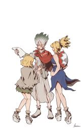  1boy 2girls blonde_hair commentary cracked_skin dr._stone e=mc2_(equation) english_commentary equation high_ponytail highres ishigami_senkuu kohaku_(dr._stone) lutaerian multiple_girls ponytail rope rope_around_waist rope_belt spiky_hair split_ponytail suika_(dr._stone) tall_hair white_rope 