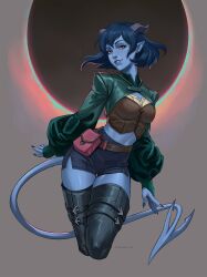  1girl artist_name belt_pouch black_boots black_shorts blue_nails blue_skin bob_cut boots breasts brown_bustier brown_shirt bustier celestra colored_skin commentary critical_role cropped_legs curved_horns dated demon_girl demon_horns demon_tail dungeons_&amp;_dragons earrings eclipse english_commentary eyelashes fingernails floating_hair green_shrug grey_background hair_between_eyes highres horns jester_lavorre jewelry lace-up_top lips long_sleeves looking_at_viewer making-of_available medium_breasts midriff nose parted_lips pointy_ears pouch puffy_long_sleeves puffy_sleeves sharp_fingernails shirt short_hair short_shorts shorts shrug_(clothing) signature solo standing stud_earrings tail the_mighty_nein thigh_boots tiefling turning_head violet_eyes zettai_ryouiki 