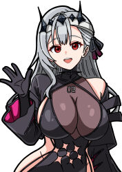1girl \||/ absurdres black_dress black_gloves black_tiara breasts chiisu_(pixiv111973304) cleavage cleavage_cutout dress gloves goddess_of_victory:_nikke grey_hair groin hair_between_eyes highres large_breasts long_hair long_sleeves modernia_(nikke) modernia_(second_affection)_(nikke) official_alternate_costume red_eyes ribbon see-through_cleavage see-through_clothes tiara