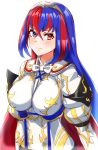  1girl absurdres alear_(female)_(fire_emblem) alear_(fire_emblem) blue_eyes blue_hair blush breasts closed_mouth crossed_bangs fire_emblem fire_emblem_engage hair_between_eyes heterochromia highres light_smile long_hair multicolored_hair red_eyes redhead simple_background solo split-color_hair tiara to_(tototo_tk) two-tone_hair upper_body white_background 