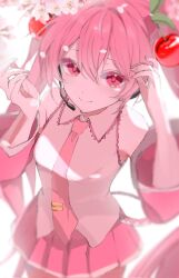 1girl bare_shoulders belt cherry_hair_ornament closed_mouth collared_shirt commentary detached_sleeves double-parted_bangs fingernails food-themed_hair_ornament hair_between_eyes hair_ornament hatsune_miku headset highres long_hair loose_belt miniskirt necktie official_alternate_color petals pink_belt pink_eyes pink_hair pink_necktie pink_skirt pink_sleeves pink_theme s0xtupcdzf16720 sakura_miku shirt skirt sleeveless sleeveless_shirt smile solo tie_clip twintails untranslatable_commentary very_long_hair vocaloid white_shirt white_trim 