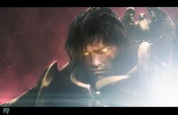  1boy armor artist_logo artist_name black_border border breastplate commentary embers emperor_of_mankind english_commentary full_armor glowing glowing_eyes gold_armor imperial_aquila imperium_of_man logo long_hair looking_at_viewer ornate_armor pauldrons power_armor red_theme richard_bagnall shoulder_armor warhammer_40k yellow_eyes 