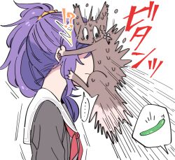 !? ... 1girl animalization asahina_mafuyu cat cats_are_scared_of_cucumbers commentary_request cucumber grey_cat grey_shirt kura_(1stfooom) long_hair miyamasuzaka_girls'_academy_school_uniform motion_lines neckerchief ponytail project_sekai purple_hair red_neckerchief sailor_collar school_uniform shinonome_ena shirt simple_background sound_effects spoken_ellipsis spoken_object sweat translation_request unamused white_background white_sailor_collar 
