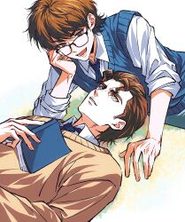 2boys absurdres ace_of_diamond blue_necktie blue_sweater_vest book brown_eyes brown_hair brown_sweater closed_mouth collared_shirt commentary_request eureka292270 grass highres holding holding_book looking_at_another lying male_focus miyuki_kazuya multiple_boys necktie on_back open_book open_mouth shirt short_hair sideburns sweater sweater_vest takigawa_chris_yuu teeth upper_body white_shirt 