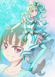  1girl :d absurdres animal_ear_hairband animal_ears aqua_background aqua_bow aqua_hair aqua_hairband aqua_hat aqua_shoes aqua_thighhighs arm_warmers bare_shoulders blue_background blue_bow blue_choker blunt_bangs blush bow bow_choker bright_pupils brooch brown_hair cat_ear_hairband cat_ears chest_bow choker closed_mouth collarbone colorful_background commentary cure_lillian doraemon12012 dress dress_bow dual_persona earrings fake_animal_ears frilled_arm_warmers frilled_dress frills full_body gradient_background grin hairband hand_on_own_chest hat heart heart_brooch high_heels high_ponytail high_side_ponytail highres jewelry knee_up leg_up light_particles long_hair looking_at_viewer magical_girl medium_dress mini_hat mini_top_hat multicolored_bow multiple_views nekoyashiki_mayu off-shoulder_dress off_shoulder open_hand outstretched_arm pact_holder parted_lips pearl_earrings pink_background ponytail pouch precure shoes side_ponytail smile sparkle_background spread_fingers striped_bow thigh-highs three-toned_background tilted_headwear top_hat very_long_hair violet_eyes white_arm_warmers white_dress wonderful_precure! yellow_pupils zettai_ryouiki 