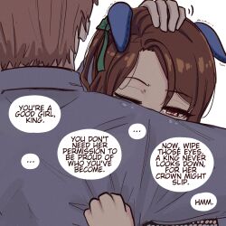  1boy 1girl animal_ears brown_hair commentary crying ear_covers english_commentary english_text hand_on_another's_head highres horse_ears hug johnholl0w king_halo_(umamusume) one_eye_closed red_eyes speech_bubble tears trainer_(umamusume) umamusume 