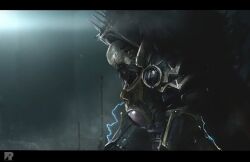  1boy armor artist_logo artist_name bald battle_damage black_armor black_border black_liquid blue_theme border breastplate chaos_(warhammer) commentary energy english_commentary eyes_of_horus_(warhammer_40k) full_armor glowing gold_trim gorget horus_lupercal kneeling lightning logo ornate_armor pauldrons pelt power_armor primarch red_eyes richard_bagnall severed_arm severed_limb shoulder_armor slit_pupils sparks spiked_armor spikes terminator_armor warhammer_40k wolf_pelt 