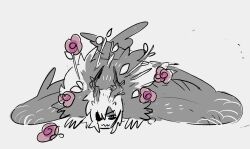  1boy commentary dimitri_alexandre_blaiddyd dimitri_alexandre_blaiddyd_(timeskip) elelror english_commentary eyepatch fire_emblem fire_emblem:_three_houses flower highres horns leaf male_focus medium_hair monster_boy monsterification one_eye_covered parted_bangs red_flower red_rose rose simple_background sketch solo twig wavy_mouth white_background 