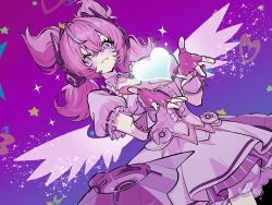  1girl aqua_hair aqua_streaks aria_(zenless_zone_zero) artist_name center_frills closed_mouth cowboy_shot crossed_bangs dress fingerless_gloves frills gloves hair_between_eyes heart highres kurimako looking_at_viewer multicolored_hair pink_hair purple_background quad_tails solo sparkle star-shaped_pupils star_(symbol) streaked_hair symbol-shaped_pupils white_dress white_wings wings zenless_zone_zero 