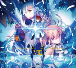  1boy 3girls ahoge album_cover armor black_hair braid closed_eyes commentary_request cover falling_feathers fate/grand_order fate_(series) feathers fujimaru_ritsuka_(female) fujimaru_ritsuka_(male) highres jacket long_hair looking_at_viewer mash_kyrielight medium_hair multiple_girls multiple_views olga_marie_animusphere one_side_up orange_eyes orange_hair pants pink_hair second-party_source shirt shoes short_hair single_braid skirt standing takeuchi_takashi violet_eyes white_hair wings 