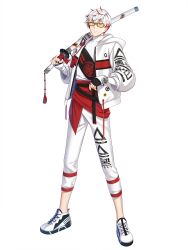  1boy :/ absurdres alternate_hair_color black-framed_eyewear black_nails closers clothes_writing fingerless_gloves full_body glasses gloves grey_eyes highres holding holding_sword holding_weapon hood hood_down hooded_jacket j_(closers) jacket katana legs_apart looking_at_viewer male_focus multicolored_hair official_art over_shoulder pants red_hair sheath sheathed shirt shoes short_hair simple_background sneakers solo standing streaked_hair sword tachi-e tinted_eyewear weapon weapon_over_shoulder white_background white_gloves white_hair white_jacket white_pants white_shirt white_shoes yellow-tinted_eyewear 