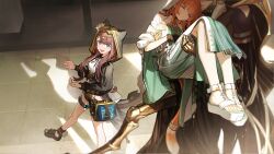  1boy 2girls animal_ears animal_hood arknights artist_request black_hood black_jacket black_shorts blue_eyes brown_hair carrying game_asset highres hood infection_monitor_(arknights) jacket leg_up lifting_person long_sleeves looking_at_another multiple_girls official_art orange_hair papyrus_(arknights) pepe_(arknights) princess_carry prosthesis sandals shorts sleeping sweat third-party_source waist_bag zubayr_(arknights) 
