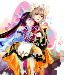  2girls absurdres bonnet closed_eyes columbina_(genshin_impact) eye_mask fatui_coat genshin_impact hair_ornament head_wings highres kiss mask multiple_girls sandrone_(genshin_impact) see-through_clothes see-through_mask white_headdress white_mask wing_hair_ornament wings yuri zahauku 