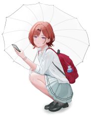  1girl backpack bag brown_hair closed_mouth collared_shirt commentary_request fangs hair_between_eyes hair_ornament hairclip highres higuchi_madoka holding idolmaster idolmaster_shiny_colors long_sleeves medium_hair mole mole_under_eye rou_ju_gao shirt short_hair simple_background skin_fangs skirt swept_bangs umbrella violet_eyes white_background white_shirt 