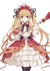  1girl absurdres alternate_costume black_leggings blonde_hair blue_eyes bonnet bow commentary_request dress drill_hair embroidery flower frills hat highres holding holding_staff kanzakietc leggings light_smile lolita_fashion long_hair long_sleeves red_dress ribbon rose rozen_maiden shinku simple_background smile solo staff twintails very_long_hair white_background 