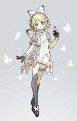  1girl :o akoto_(akoto0228) armpit_cutout black_boots black_gloves blonde_hair blue_eyes boots bug butterfly butterfly_hair_ornament butterfly_on_hand butterfly_wings clothing_cutout clothing_request commentary crinoline dot_nose fake_wings full_body gloves grey_background hair_ornament highres insect_wings kagamine_rin medium_hair murozaki_melody_(project_sekai) romper side_cutout simple_background solo thigh_boots thigh_strap untranslatable_commentary vocaloid white_romper wings 