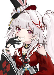 1girl absurdres black_choker black_hat choker commentary dress frills hat highres honkai:_star_rail honkai_(series) i.narn mini_hat mini_top_hat monocle rabbit_ornament red_dress sparkle_(honkai:_star_rail) sparxie_(honkai:_star_rail) top_hat violet_eyes white_hair 