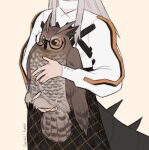  1girl animal arkiwi arknights bird black_skirt brown_background cowboy_shot dragon_girl dragon_tail grey_hair head_out_of_frame holding holding_animal holding_bird jacket long_hair long_sleeves orange_nails owl saria_(arknights) silence_(arknights) silence_(owl)_(arknights) simple_background skirt solo tail white_jacket 
