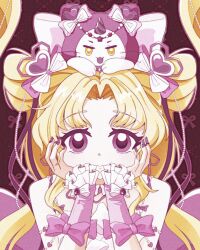  1girl absurdly_long_hair animal animal_on_head argyle_background arm_bow arm_warmers back_bow bare_shoulders bead_armlet bead_necklace beads blonde_hair bow brown_background cat cat_on_head chinese_commentary circlet cloak closed_mouth clothed_animal commentary_request dot_nose double_bun dreamtime_bestowed_(infinity_nikki) dress ear_covers eyelashes fake_horns fang floating_hair frilled_arm_warmers frills hair_beads hair_bow hair_bun hair_floating_upwards hair_ornament hair_ribbon hands_on_own_cheeks hands_on_own_face heart heart_hair_ornament highres hood hooded_cloak horns infinity_nikki jewelry large_bow long_hair looking_at_viewer momo_(nikki) nail_art nail_polish neck_ribbon necklace nikki_(series) official_alternate_costume on_head open_mouth outline parted_bangs pink_arm_warmers pink_bow pink_clouds pink_eyes pink_horns pink_nails pink_outline pink_ribbon ribbon ribbon_earrings single_horn sleeveless sleeveless_dress smile spaghetti_strap straight-on striped_horns two-tone_bow unicorn_horn upper_body very_long_hair wavy_hair whiskers white_bow white_cat white_dress wrist_bow yellow_eyes yezhi073 